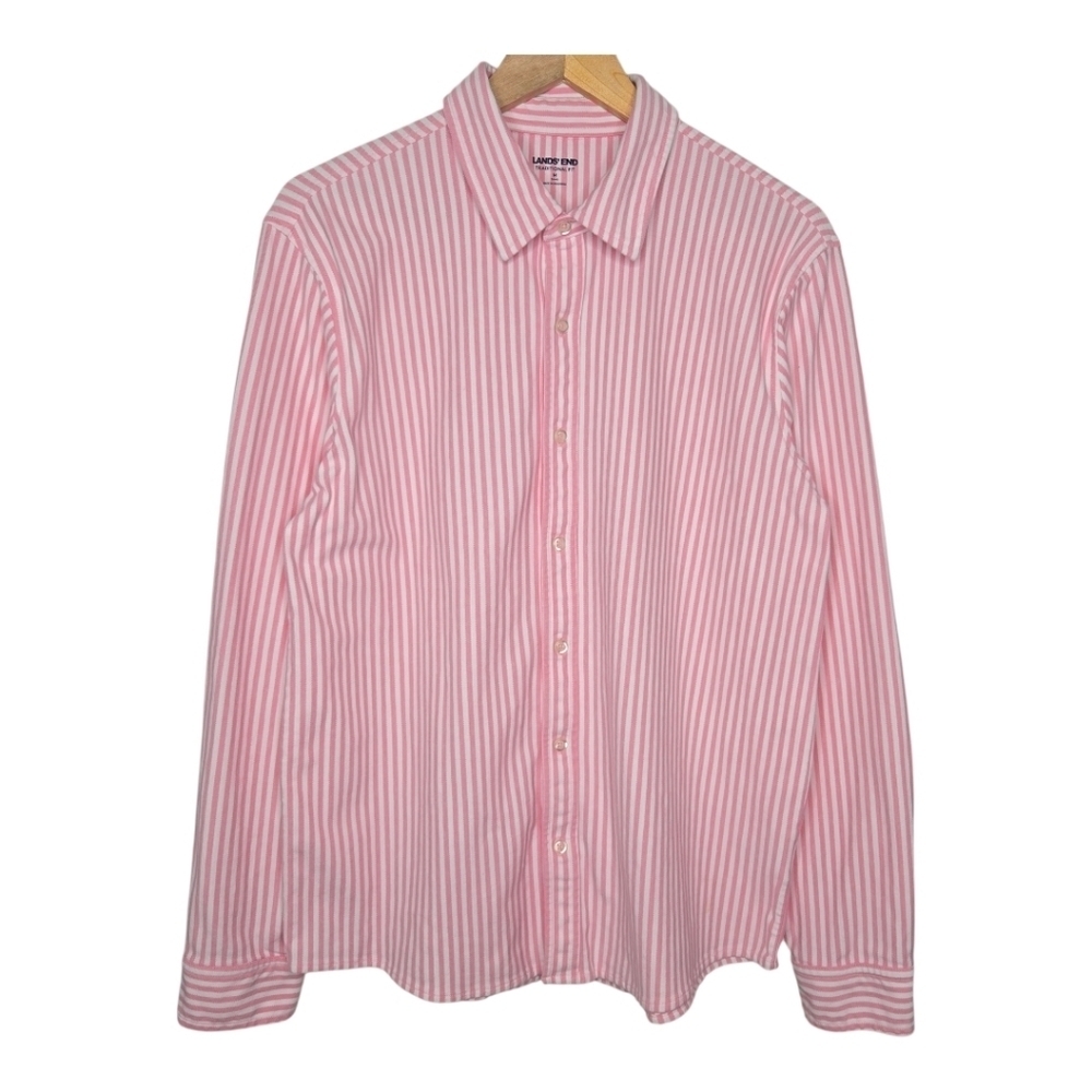 Lands End Mens Pink Striped Traditional Fit Essential Button Up Shirt Medium